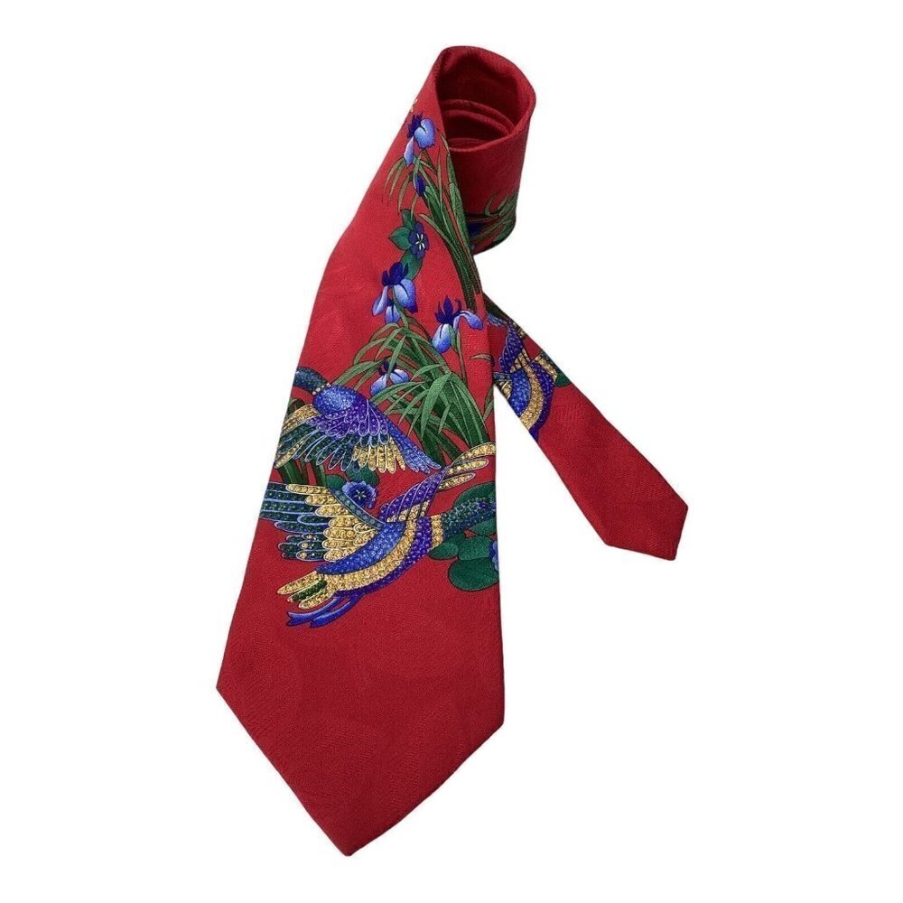 LEONARD PARIS Red Bird & Flower Print Luxury Silk Tie Italy W: 3.75" EX COND